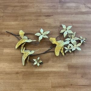Vintage 70s Gold Metal Hummingbird and Floral Wall Art